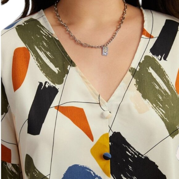 BloomChic Brush Print Button Detail Elastic Cuffs Blouse Size 10 - Picture 5 of 9